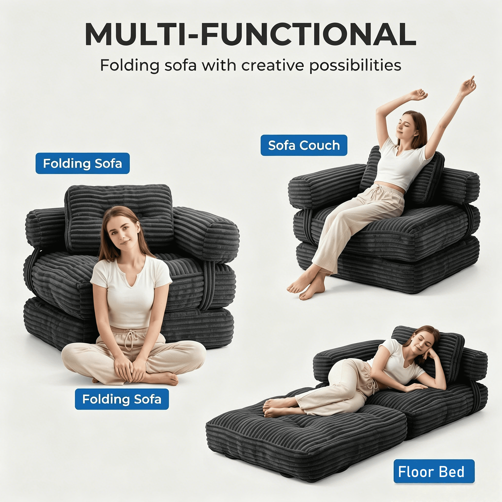 Howcool Corduroy Folding Sofa Bed,3 in 1 Convertible Sleeper Chair with Pillow & L-shaped Lumbar Pillow,Boneless Floor Sofa Couch Lounge Chair for Living Room Dorm,Dark Gray