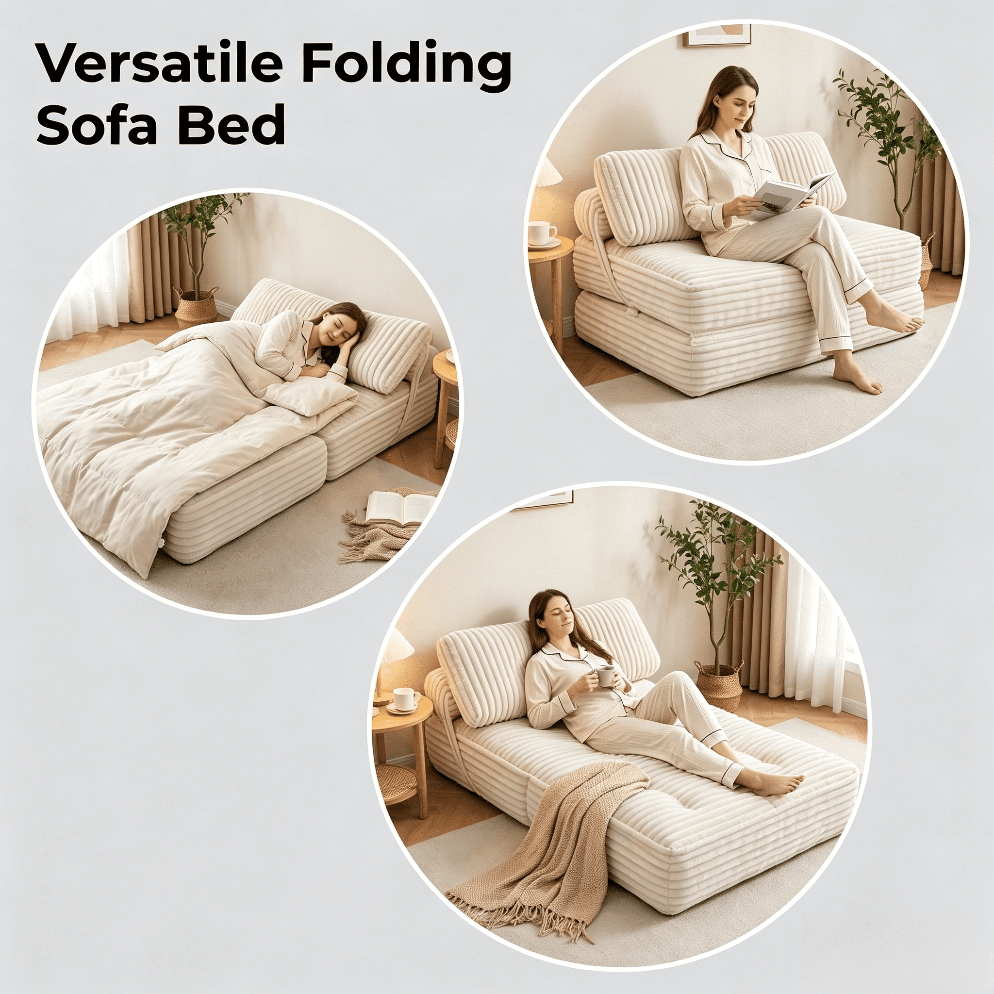 Howcool Corduroy Folding Sofa Bed,3 in 1 Convertible Sleeper Chair with Pillow & Lumbar Pillow,Boneless Floor Sofa Couch Lounge Chair for Living Room Dorm,Beige
