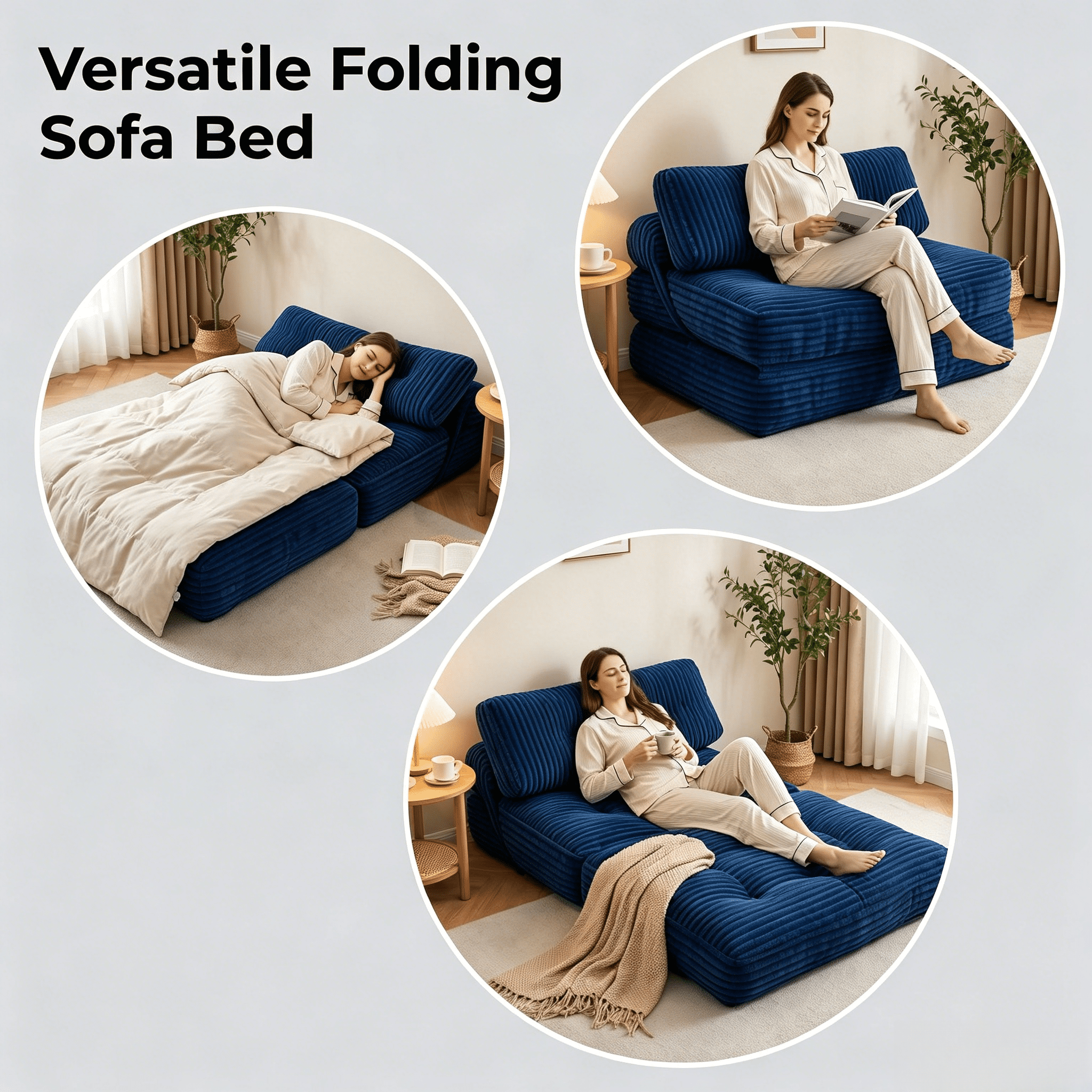 Howcool Corduroy Folding Sofa Bed,3 in 1 Convertible Sleeper Chair with Pillow & Lumbar Pillow,Boneless Floor Sofa Couch Lounge Chair for Living Room Dorm,Navy