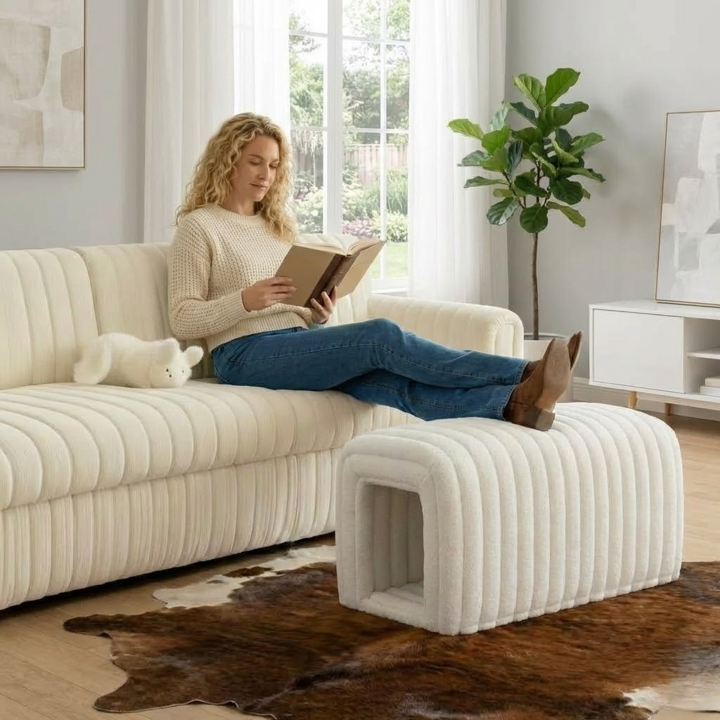 Howcool Corduroy Ottomans Bench with Cat Hideaway, 33"L Plush Upholstered Bench Ideal for Blanket Storage for Living Room & Bedroom,Beige