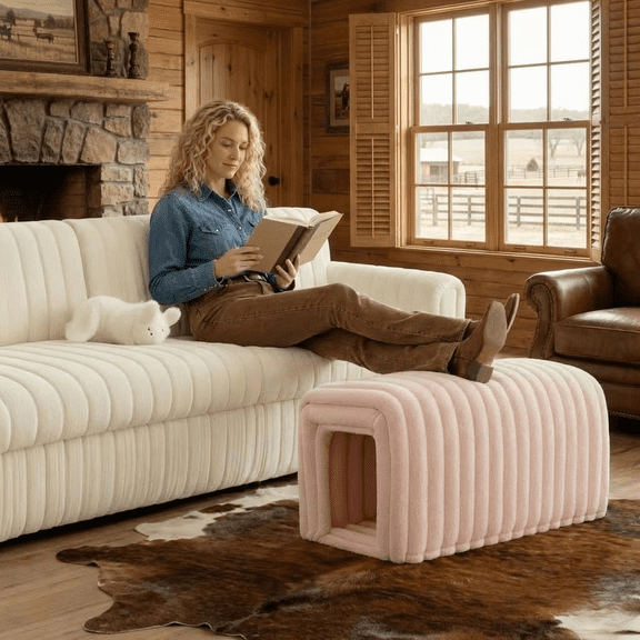 Howcool Corduroy Ottomans Bench with Cat Hideaway, 33"L Plush Upholstered Bench Ideal for Blanket Storage for Living Room & Bedroom,Pink