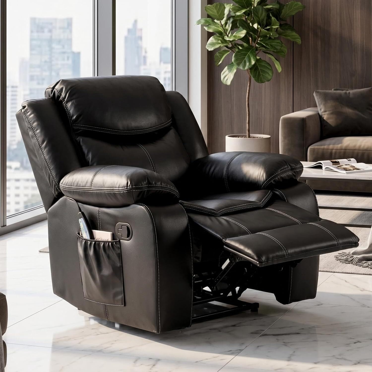 Recliner Chair,Oversized PU Leather Lounge Sofa 90°-160° Recline with 8 Vibration Massage Lumbar Heat Support 30D High Density Foam Side Storage Quick Assembly,Black