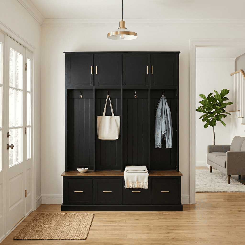 Howcool Farmhouse 59"W Hall Tree with 4 Hooks & Shoe Storage Bench,Entryway Organizer Mudroom Furniture with Upper Cabinets,Drawers,Black