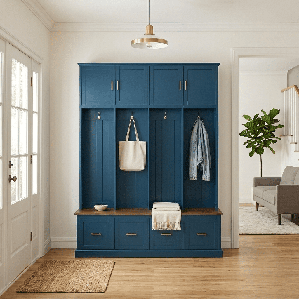 Howcool Farmhouse 59"W Hall Tree with 4 Hooks & Shoe Storage Bench,Entryway Organizer Mudroom Furniture with Upper Cabinets,Drawers,Navy Blue