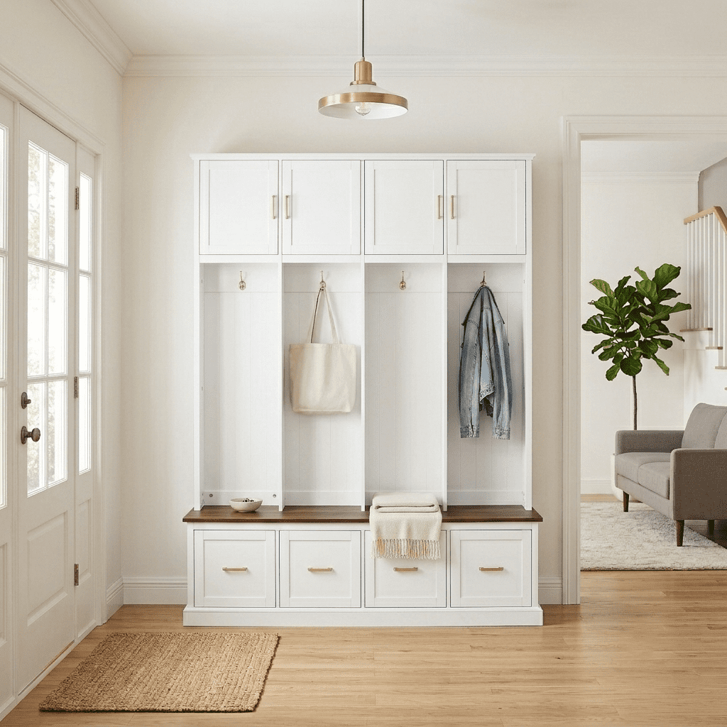 Howcool Farmhouse 59"W Hall Tree with 4 Hooks & Shoe Storage Bench,Entryway Organizer Mudroom Furniture with Upper Cabinets,Drawers,White