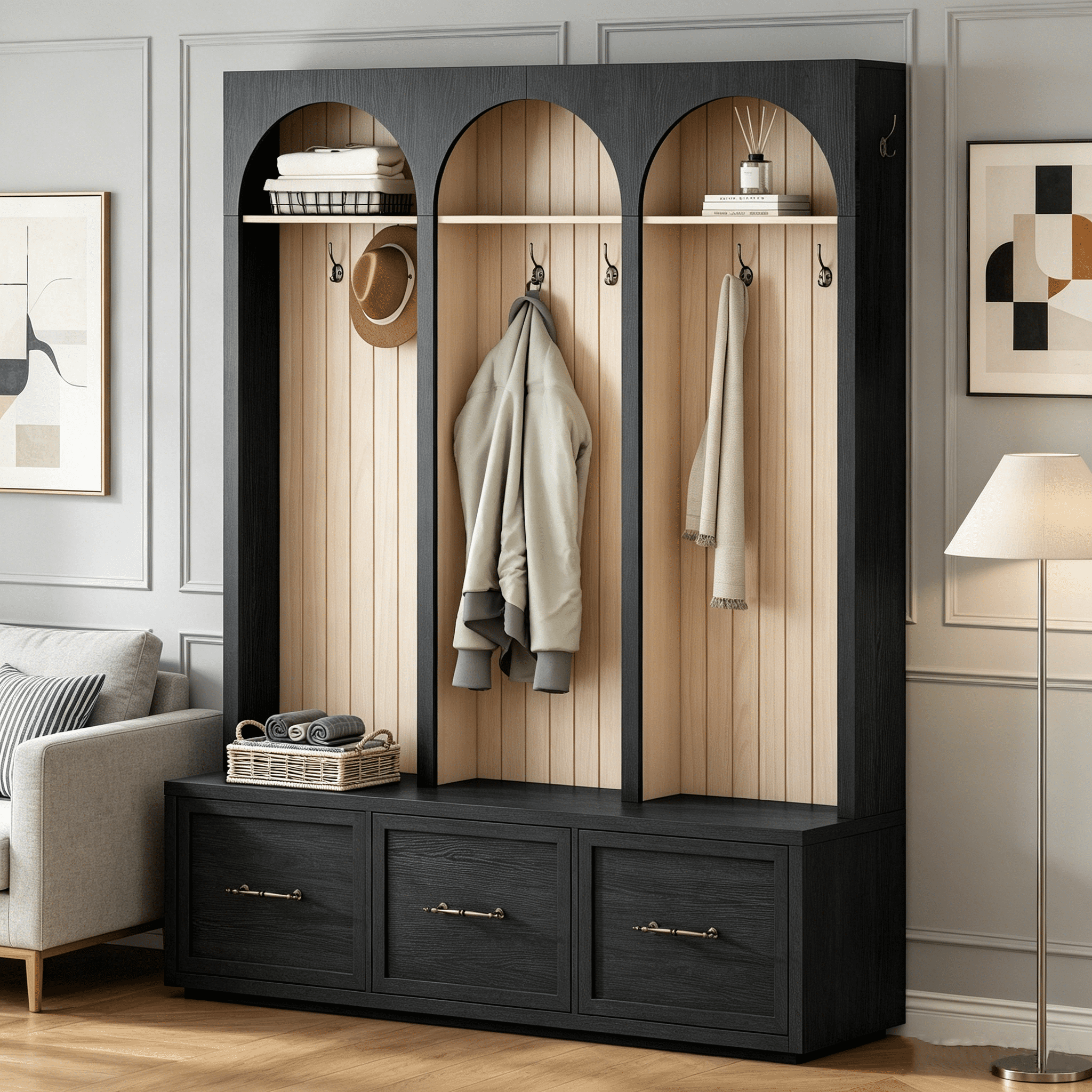 Howcool Farmhouse Hall Tree with Arched Design,8 Hooks & Storage Bench with 3 Drawers for Living Room,Black