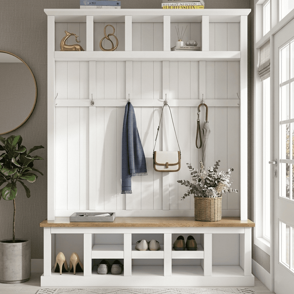 Howcool Farmhouse Hall Tree with Storage Bench & 6 Hooks for Mudroom, Living room,White