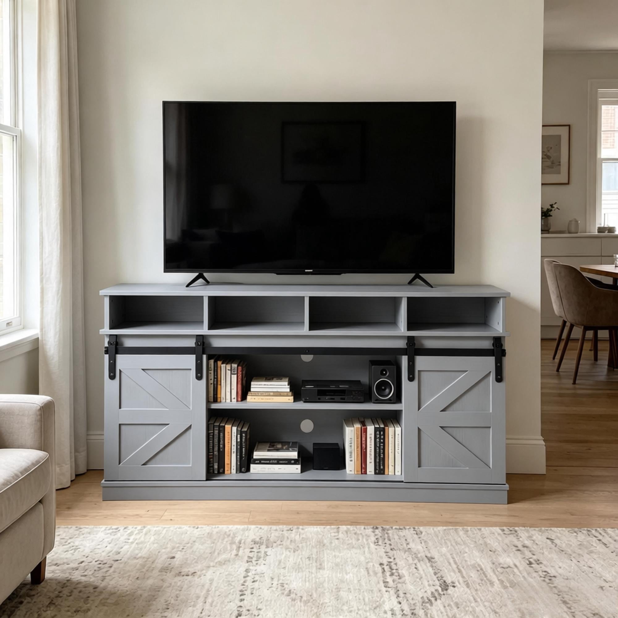 Howcool Farmhouse Sliding Barn Door TV Stand, Wood Entertainment Center Storage Cabinet with Adjustable Shelves, Media Console Table for Living Room, Fits Up to 65" TVs