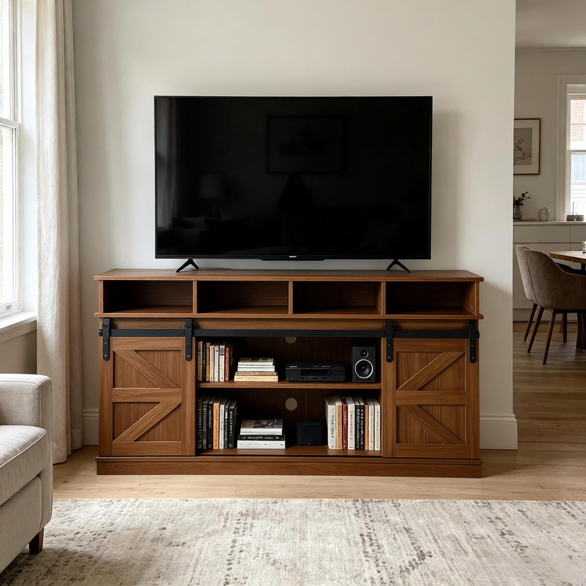 Howcool Farmhouse Sliding Barn Door TV Stand, Wood Entertainment Center Storage Cabinet with Adjustable Shelves, Media Console Table for Living Room, Fits Up to 65" TVs