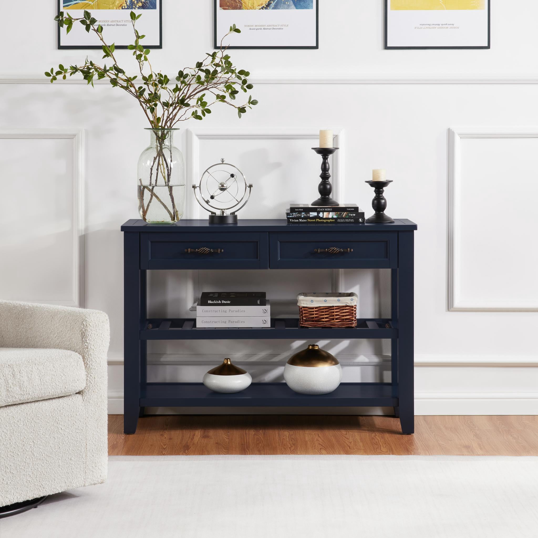 Howcool Retro Console Table with 2 Open Shelves, 2 drawers Pine Solid ...