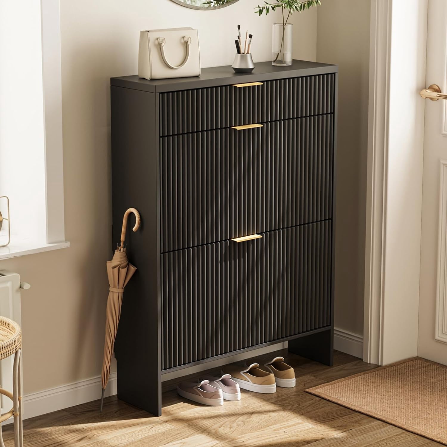 Howcool Fluted Entryway Shoe Cabinet with 2 Flip Drawers, Wood Narrow Freestanding Shoe Storage, Black