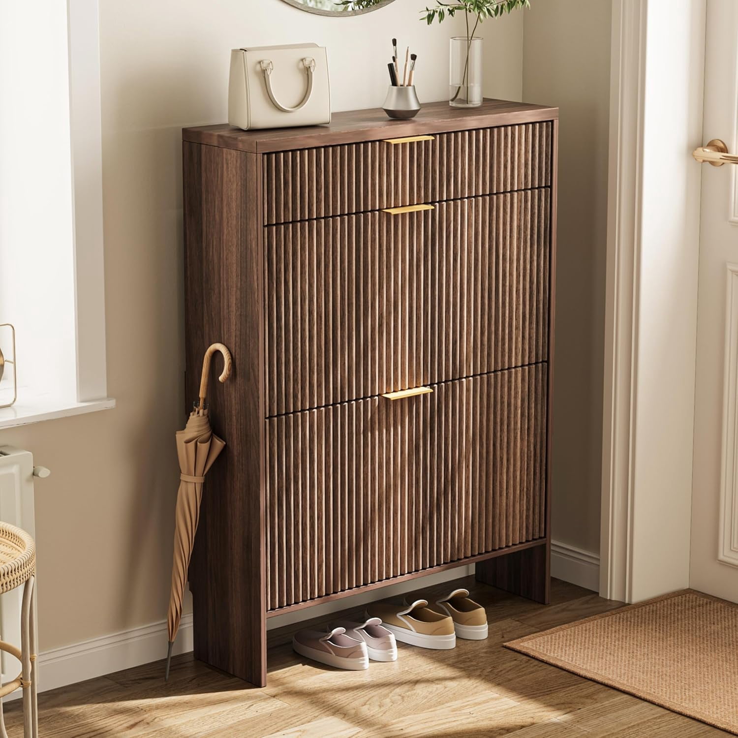 Howcool Fluted Entryway Shoe Cabinet with 2 Flip Drawers, Wood Narrow Freestanding Shoe Storage, Walnut