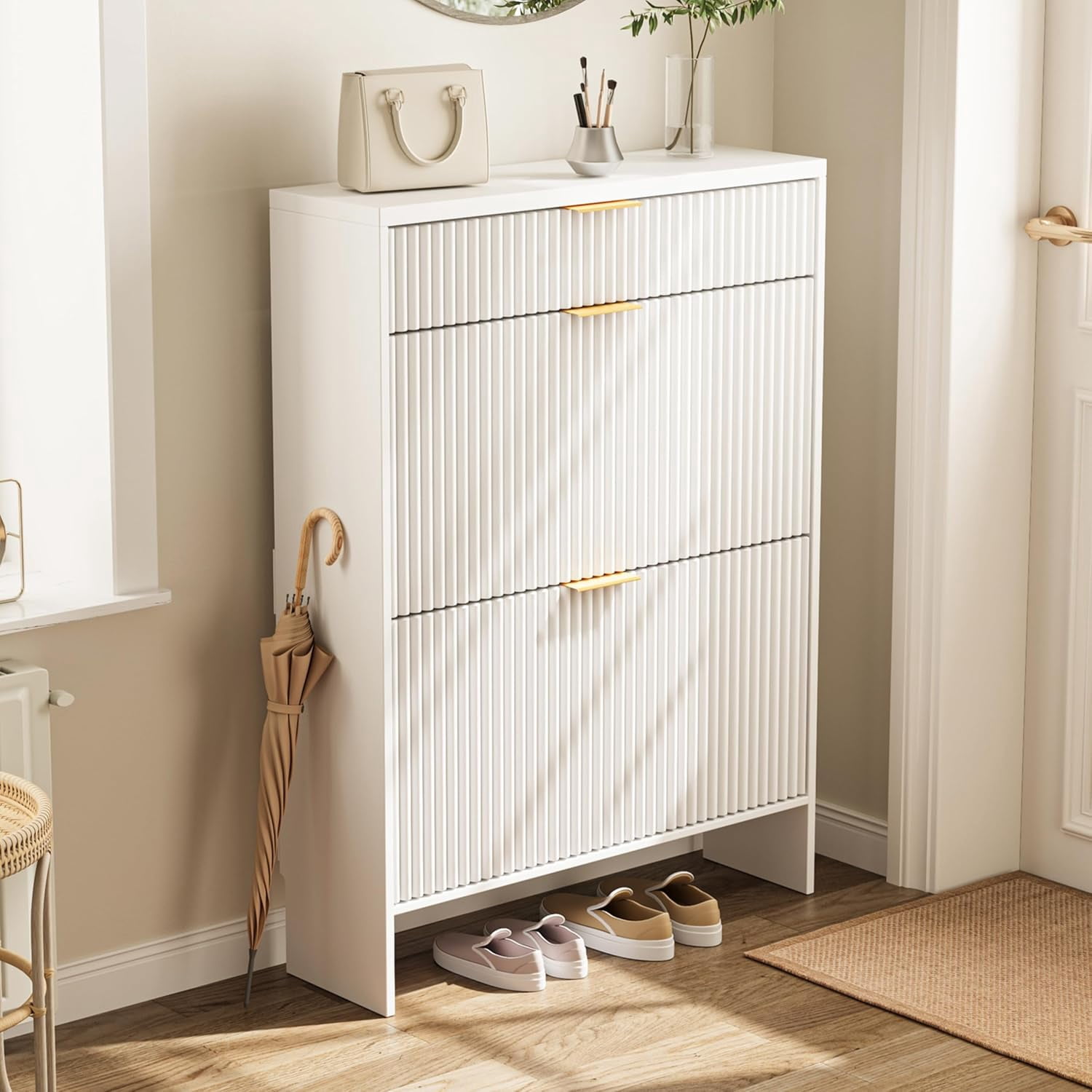 Howcool Fluted Entryway Shoe Cabinet with 2 Flip Drawers, Wood Narrow Freestanding Shoe Storage, White
