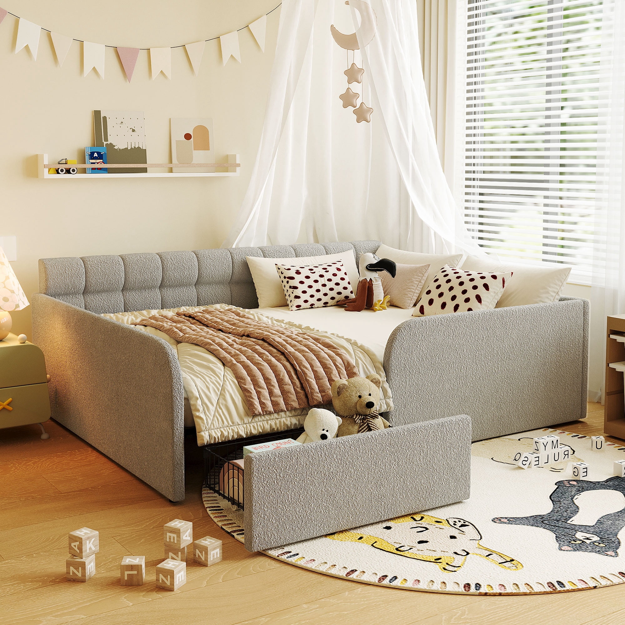 Howcool Full Size Upholstered Bouclé Daybed with Mesh Storage Drawer,Montessori Floor Bed for Kids Room,Guest Space,Gray