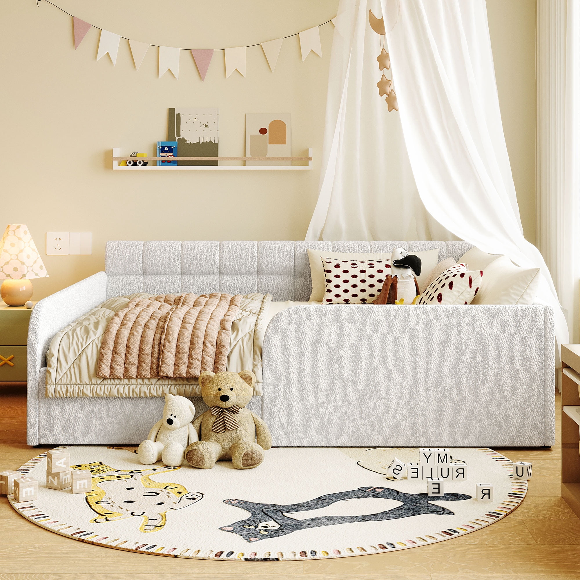 Howcool Full Size Upholstered Bouclé Daybed with Mesh Storage Drawer,Montessori Floor Bed for Kids Room,Guest Space,White