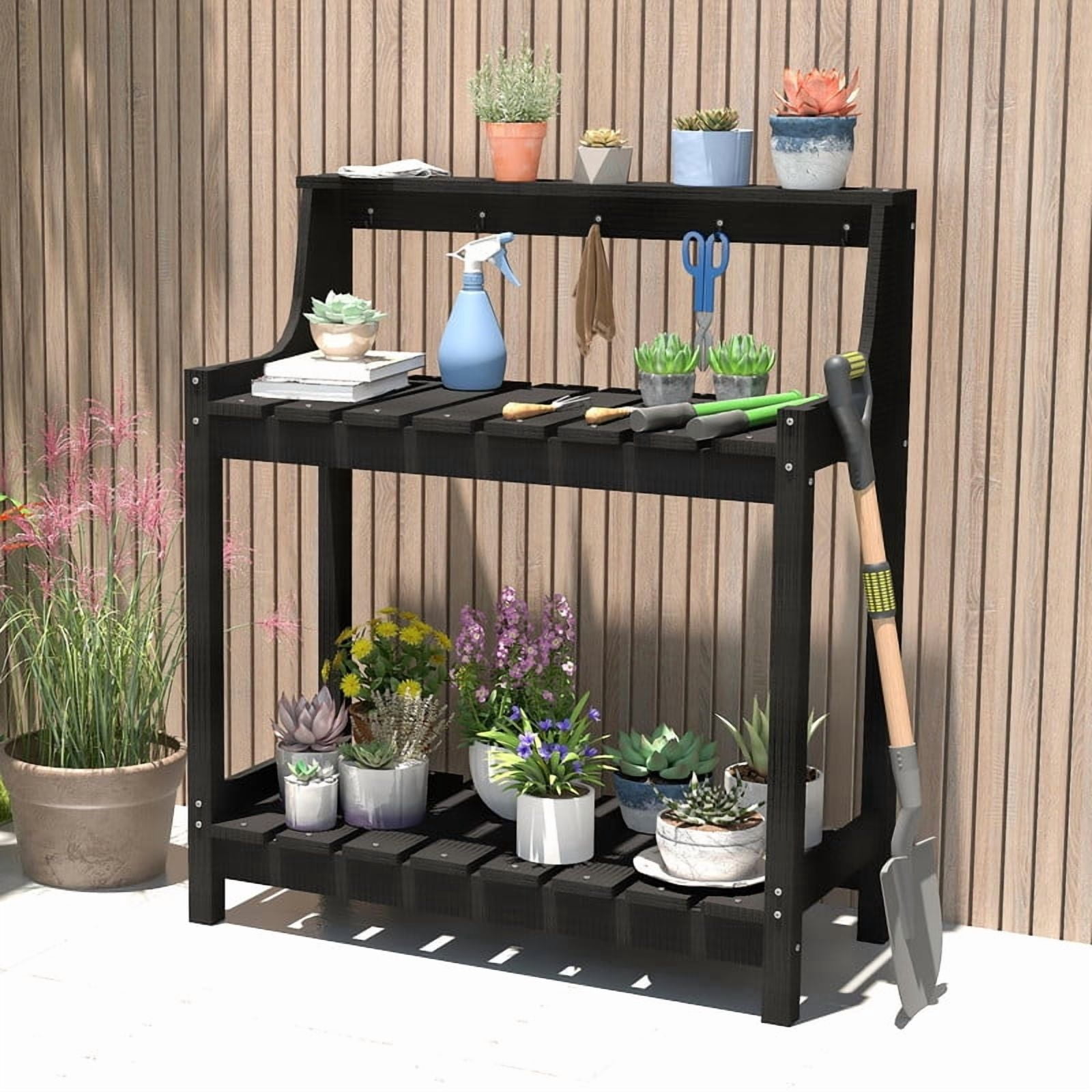 Howcool HDPE Outdoor Potting Bench with Storage & Hooks, 3-Tier Heavy-Duty Garden Workstation Table, All-Weather Potting Table for Patio & Backyard, Black