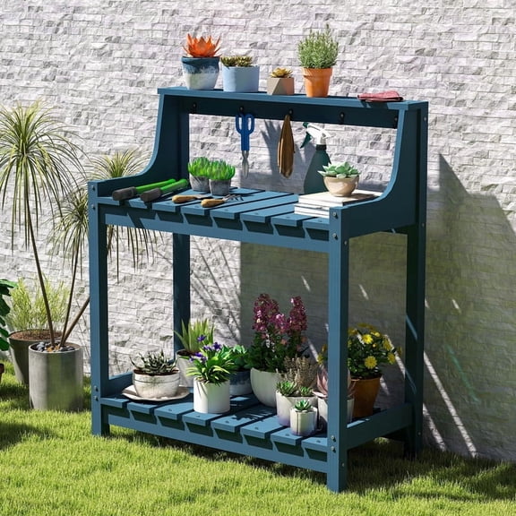Howcool HDPE Outdoor Potting Bench with Storage & Hooks, 3-Tier Heavy-Duty Garden Workstation Table, All-Weather Potting Table for Patio & Backyard, Blue