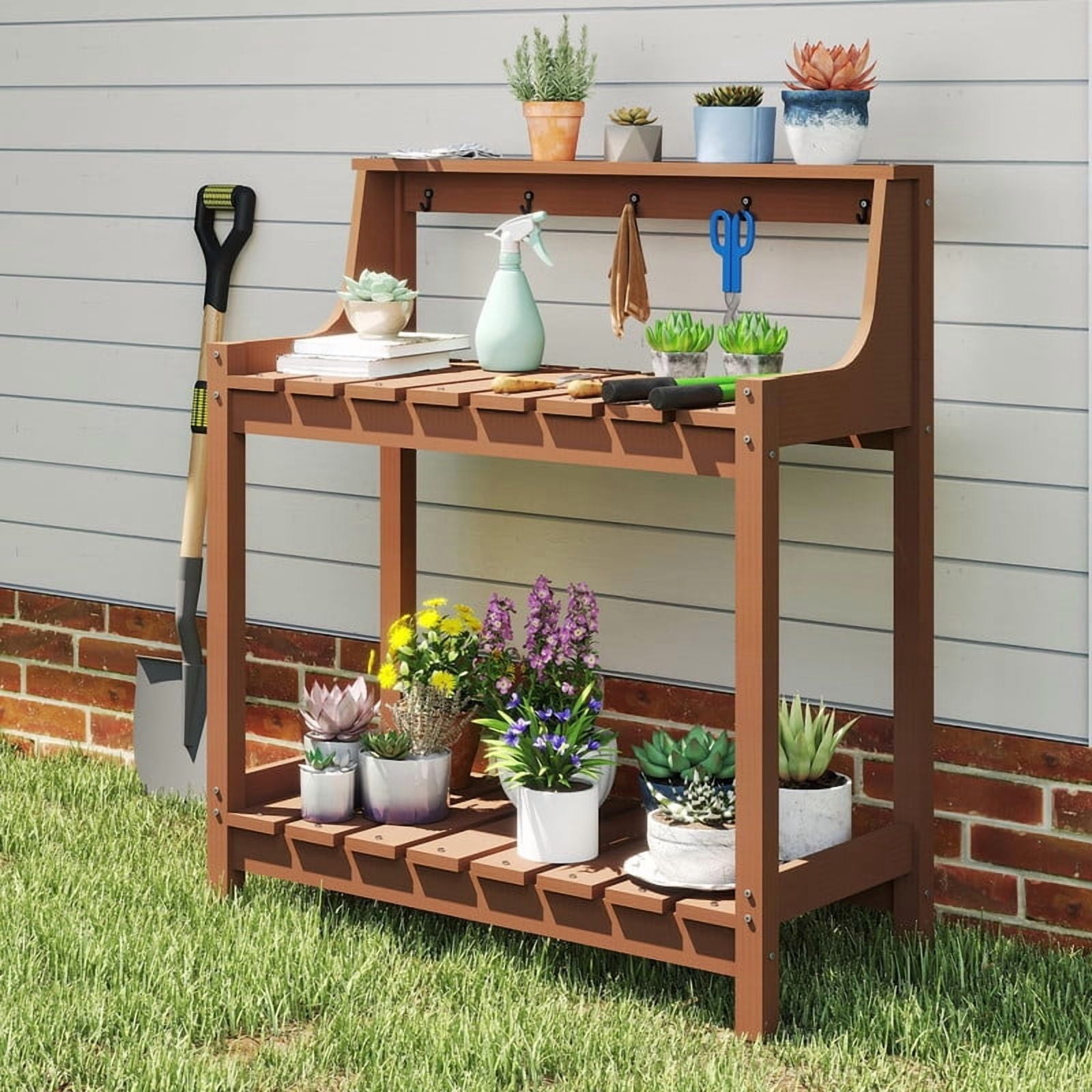 Howcool HDPE Outdoor Potting Bench with Storage & Hooks, 3-Tier Heavy-Duty Garden Workstation Table, All-Weather Potting Table for Patio & Backyard, Brown