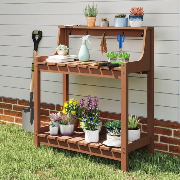 Howcool HDPE Outdoor Potting Bench with Storage & Hooks, 3-Tier Heavy-Duty Garden Workstation Table, All-Weather Potting Table for Patio & Backyard, Brown