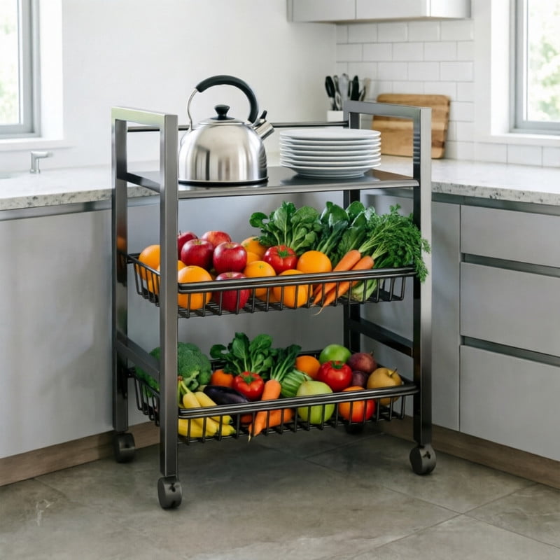 Howcool Heavy-Duty 3-Tier Storage Kitchen Cart with 2 Detachable Mesh Baskets, Metal Storage Organizer Rolling Rack
