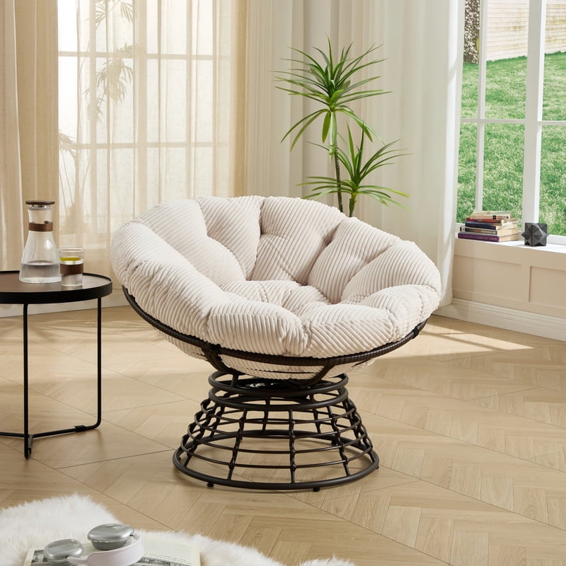 Howcool Indoor/Patio Swivel Chair with Corduroy Cushion, Round Accent Armless Rattan Egg Chair