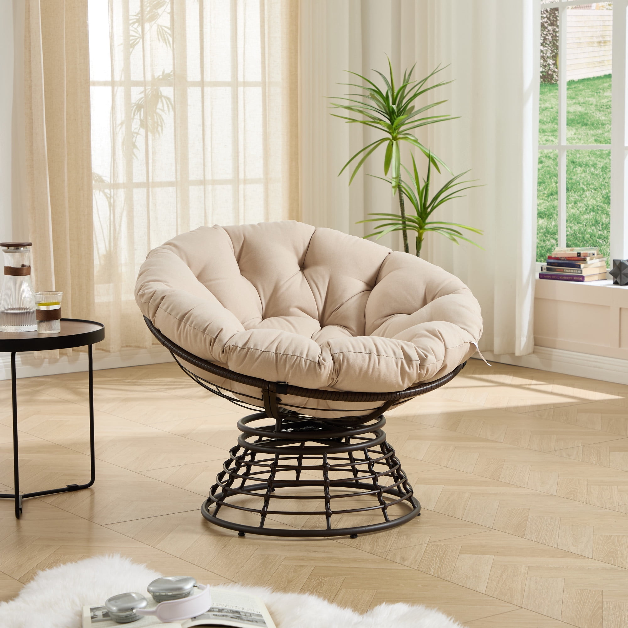 Howcool Indoor/Patio Swivel Chair with Polyester Cushion, Round Seat Accent Armless Steel Egg Chair