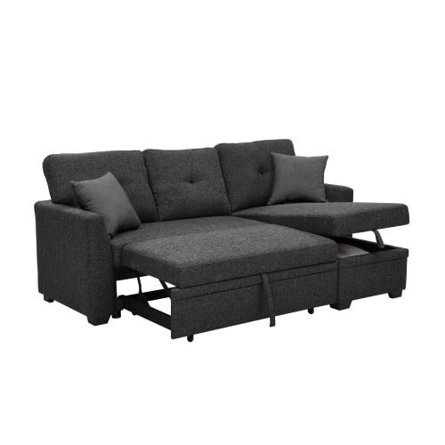 Convertible Sleeper Sofa Bed, 76.5" L Shaped Sectional Couch with Pull Out Bed, Storage Chaise & Reversible Lounge, Compact Linen Sectional Sofa for Small Space Apartment Living Room, Charcoal Black