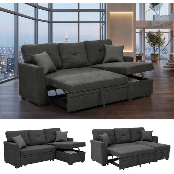 Convertible Sleeper Sofa Bed, 76.5" L Shaped Sectional Couch with Pull Out Bed, Storage Chaise & Reversible Lounge, Compact Linen Sectional Sofa for Small Space Apartment Living Room, Charcoal Black