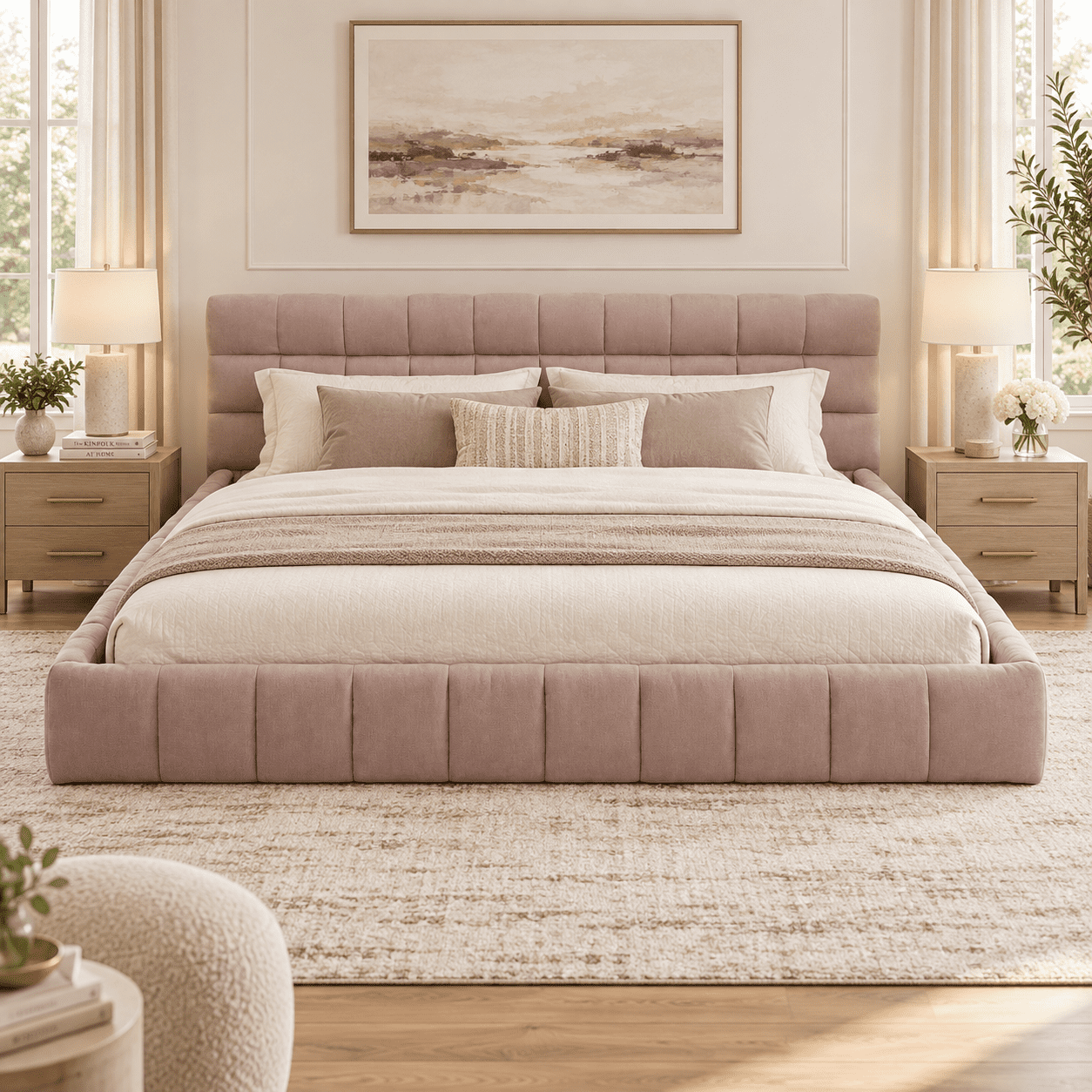 Howcool King Size Chenille Upholstered Platform Bed Frame with Padded Headboard,Low Profile Bed with Wood Slats,No Box Spring Needed,Pink