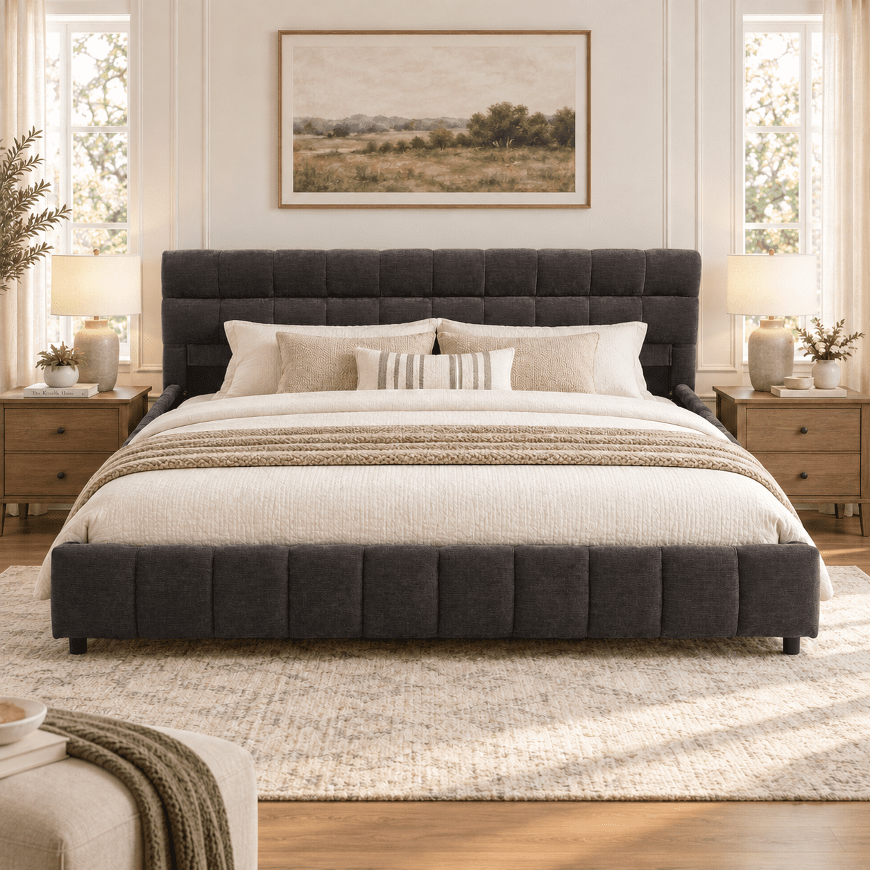 Howcool King Size Upholstered Platform Bed Frame with 4 Storage Drawers,Tufted Headboard,Chenille Low-profile Bed with Wooden Slats,No Box Spring Needed,Dark Gray