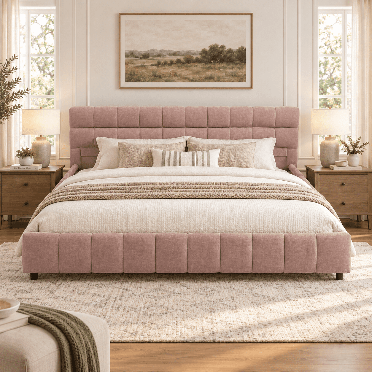 Howcool King Size Upholstered Platform Bed Frame with 4 Storage Drawers,Tufted Headboard,Chenille Low-profile Bed with Wooden Slats,No Box Spring Needed,Pink