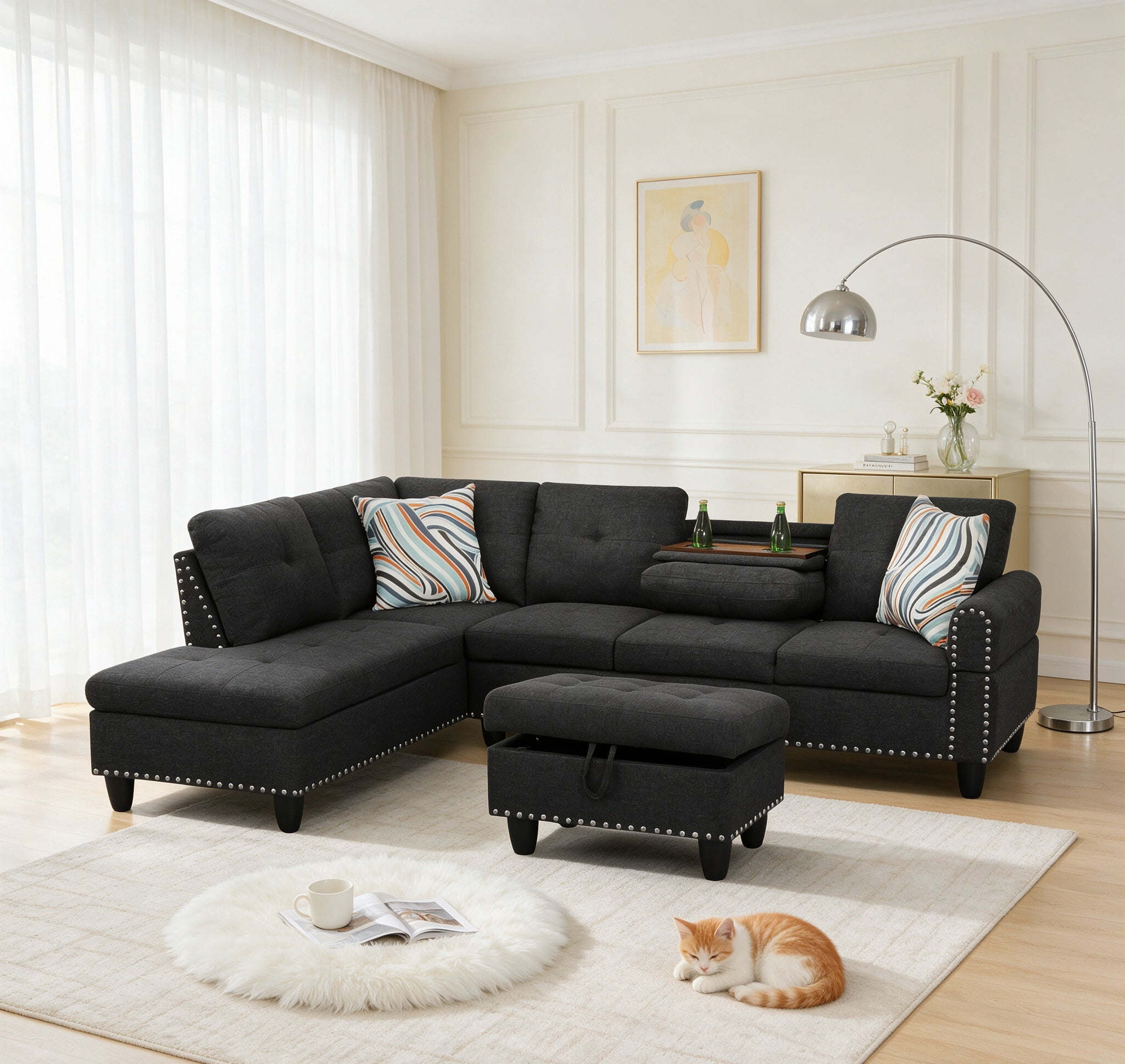 Howcool L-Shaped Sectional Sofa Couch with Storage Ottoman & Nailhead Trim,4-Seater Linen Upholstered Sofa with Cup Holders for Living Room,Left-Facing