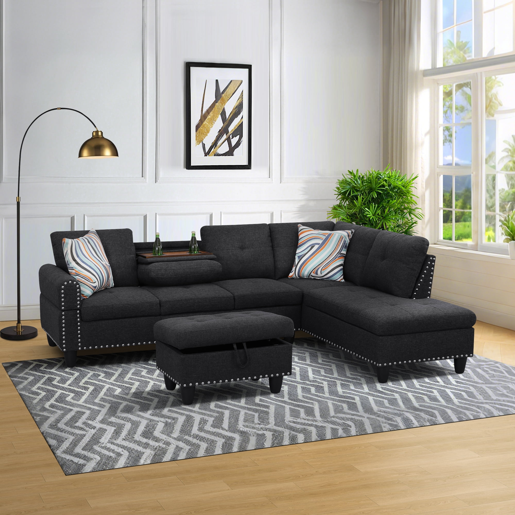 Howcool L-Shape Sectional Sofa with Cup Holders,3-Piece Black Sectional Sofa Couch, Storage Ottoman & 2 Toss Pillows,Nailhead Trim, Right-Facing