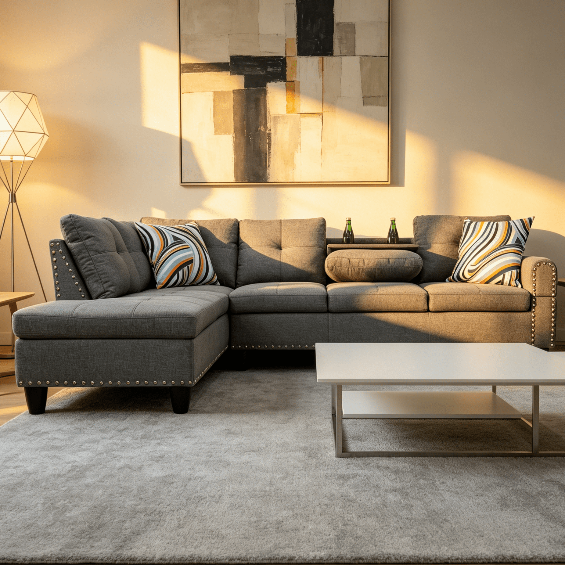 Howcool L-Shape Sectional Sofa with Cup Holders,3-Piece Gray Sectional Sofa Couch,2 Toss Pillows,Nailhead Trim, Left-Facing
