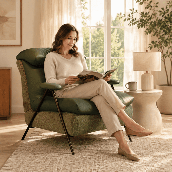 Howcool Modern Upholstered Accent Chair,Armchair with Wide Cushioned Seat,Ergonomic Lounge Chair with Solid Wood Frame for Living Room,Bedroom,Green