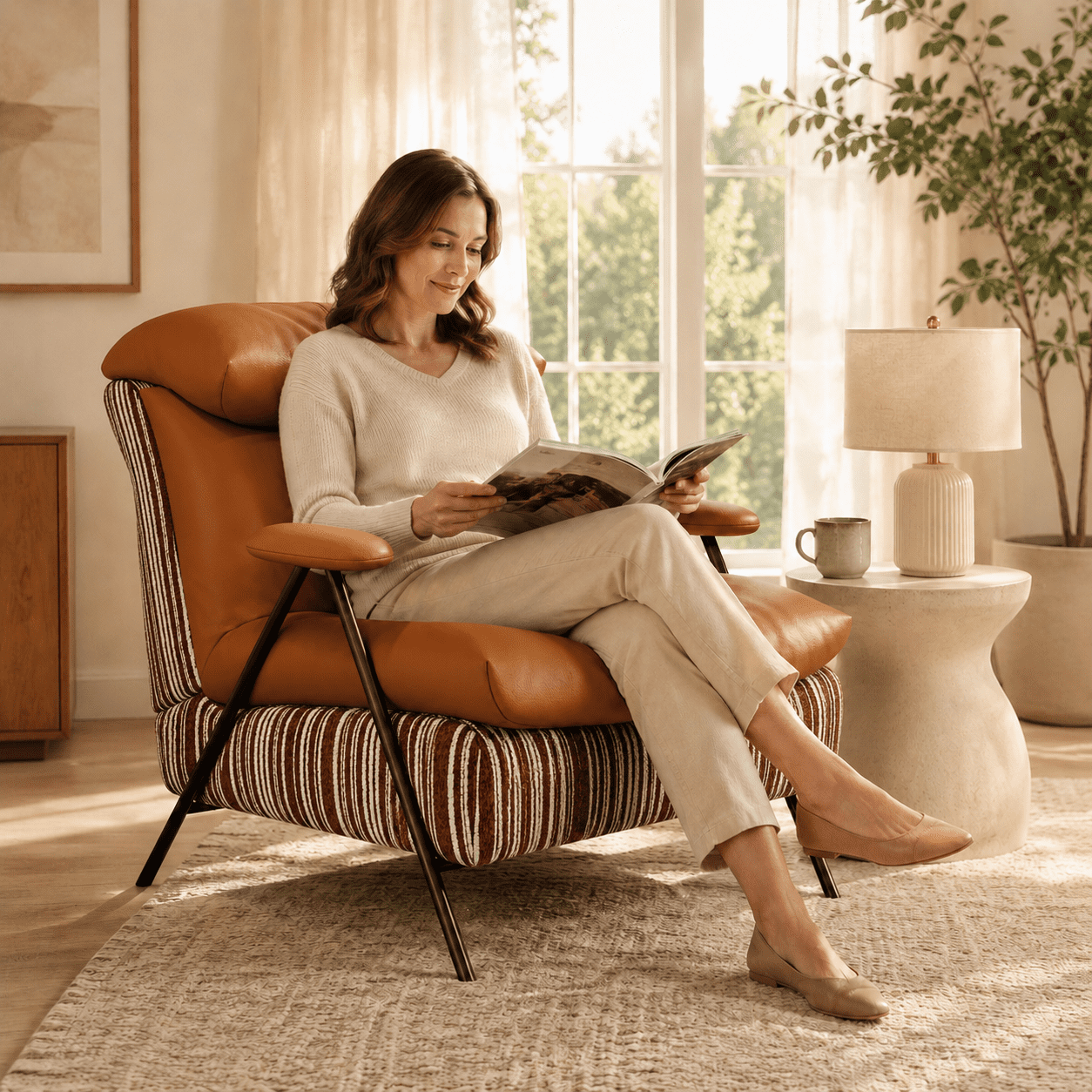 Howcool Modern Upholstered Accent Chair,Armchair with Wide Cushioned Seat,Ergonomic Lounge Chair with Solid Wood Frame for Living Room,Bedroom,Orange