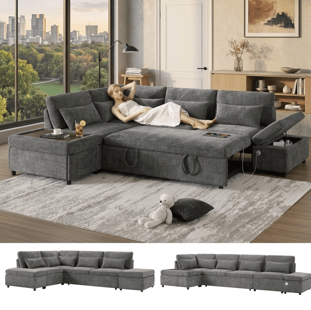 Howcool 107" Sleeper Sectional Sofa with Pull Out Bed, Modular L-Shaped 6-Seater Chenille Couch, Storage Chaise, Adjustable Armrests, USB & Type-C Charging for Living Room Apartment, Grey