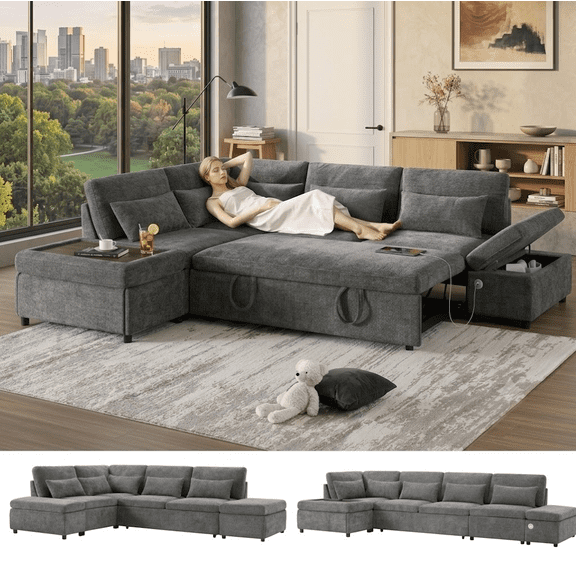 Howcool 107" Sleeper Sectional Sofa with Pull Out Bed, Modular L-Shaped 6-Seater Chenille Couch, Storage Chaise, Adjustable Armrests, USB & Type-C Charging for Living Room Apartment, Grey