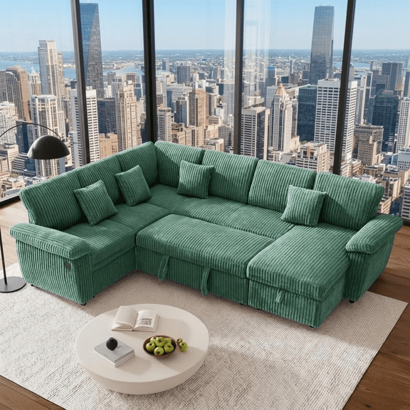 Howcool Modular Sectional Sleeper Sofa with Pull-Out Bed, U-Shaped Convertible 7-Seat Cloud Couch with Storage Chaise & USB Charging, Plush Corduroy Sectional for Living Room,Green