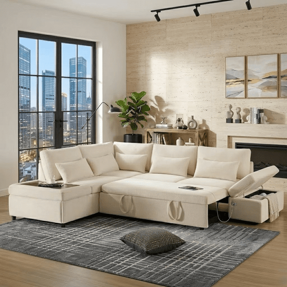 Howcool 107" Sleeper Sectional Sofa with Pull Out Bed, Modular L-Shaped 6-Seater Chenille Couch, Storage Chaise, Adjustable Armrests, USB & Type-C Charging for Living Room Apartment,Beige