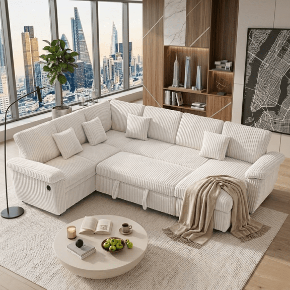 Howcool U-Shaped Sectional Sleeper Sofa with Pull-Out Bed, 7-Seat Convertible Couch, Modular Sofa with Storage Chaise and USB Ports, Plush Corduroy Living Room Furniture,Beige(Thick Sponge)