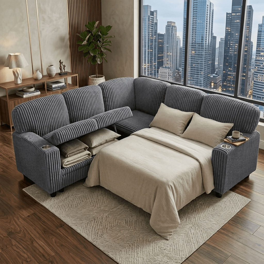 Howcool Modular Sectional Sleeper Sofa, 81" L-Shaped Oversized Cloud Couch with Pull-Out Bed, 5-Seat Corduroy Sofa with Storage Chaise, USB Charging and Cup Holders for Living Room Apartment,Gray