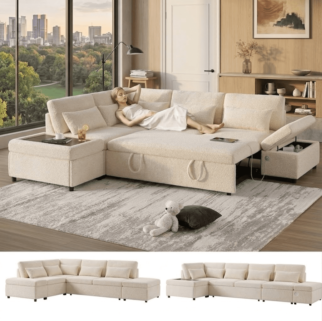 Howcool 107" Sleeper Sectional Sofa with Pull Out Bed, Modular L-Shaped 6-Seater Chenille Couch, Storage Chaise, Adjustable Armrests, USB & Type-C Charging for Living Room Apartment,Beige