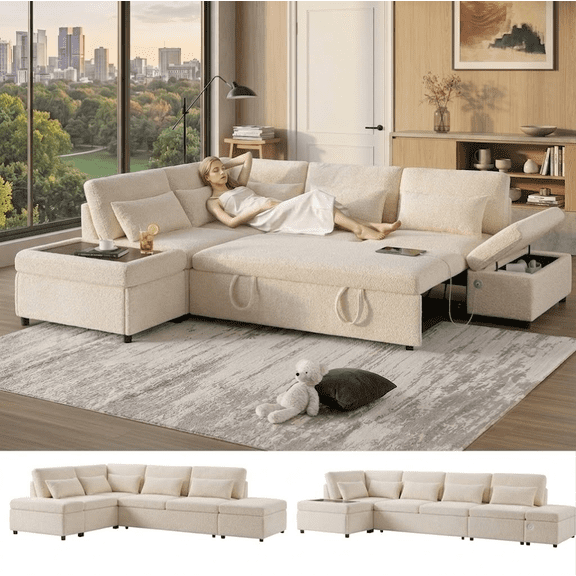 Howcool 107" Sleeper Sectional Sofa with Pull Out Bed, Modular L-Shaped 6-Seater Chenille Couch, Storage Chaise, Adjustable Armrests, USB & Type-C Charging for Living Room Apartment,Beige