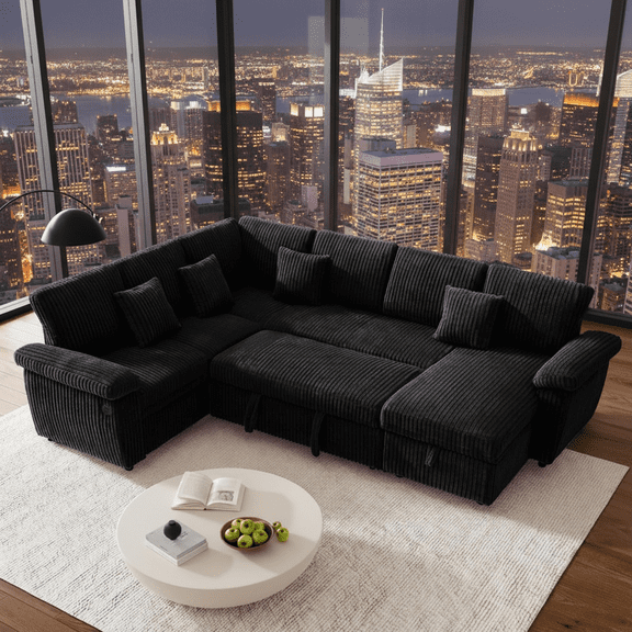 Howcool Modular Sectional Sleeper Sofa with Pull-Out Bed, U-Shaped Convertible 7-Seat Cloud Couch with Storage Chaise & USB Charging, Plush Corduroy Sectional for Living Room,Black