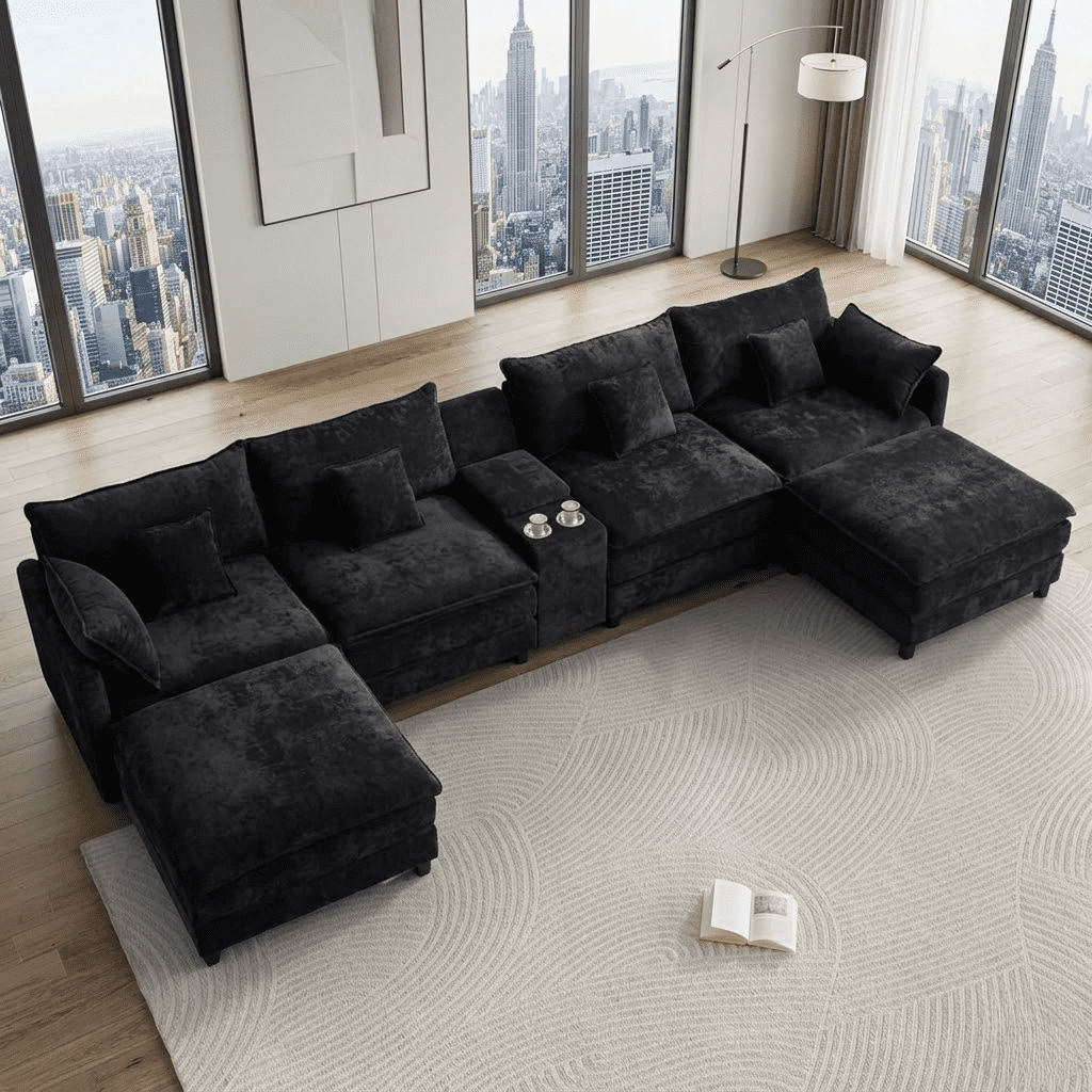 145" U Shaped Cloud Couch Sectional Sofa, Modular Chenille Sectional with Double Chaise, USB Charging, Hidden Storage & Center Console, Deep Seat Comfy Couch for Living Room, Black