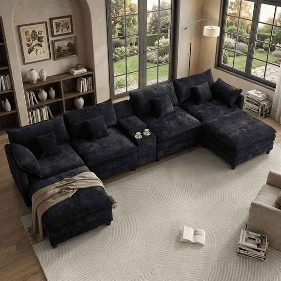 Howcool 145" U Shaped Cloud Couch Modular Sectional Couches for Living Room,Comfy Fluffy Chenille Oversized Cloud Sectional Couch Large 6 Seat Sectionals Sofa Set Central Console USB Port,Black