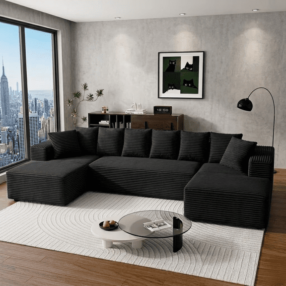 Howcool 130" Boneless Cloud Sectional Couches for Living Room, U Shaped Couch with Deep Seat Chaise, High Density Foam Compression Sofa, Modular Corduroy Sleeper Sofa Bed,No Assembly,Black