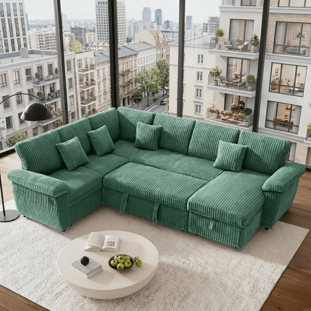 Howcool U-Shaped Sectional Sleeper Sofa with Pull-Out Bed, 7-Seat Convertible Couch, Modular Sofa with Storage Chaise and USB Ports, Plush Corduroy Living Room Furniture,Green(Thick Sponge)