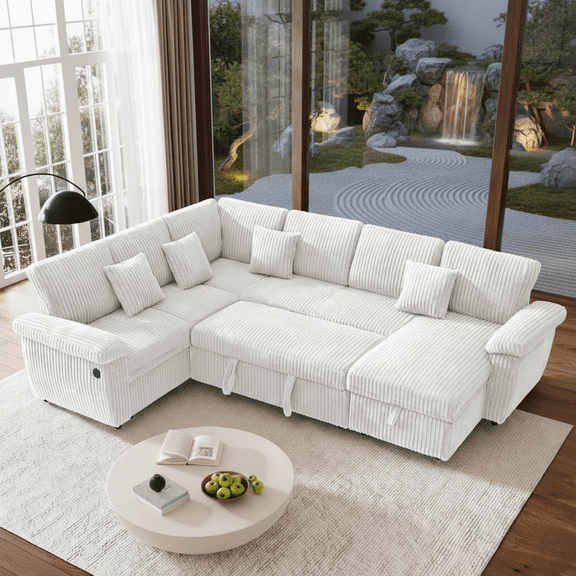 Howcool Modular Sectional Sleeper Sofa with Pull-Out Bed, U-Shaped Convertible 7-Seat Cloud Couch with Storage Chaise & USB Charging, Plush Corduroy Sectional for Living Room,Beige